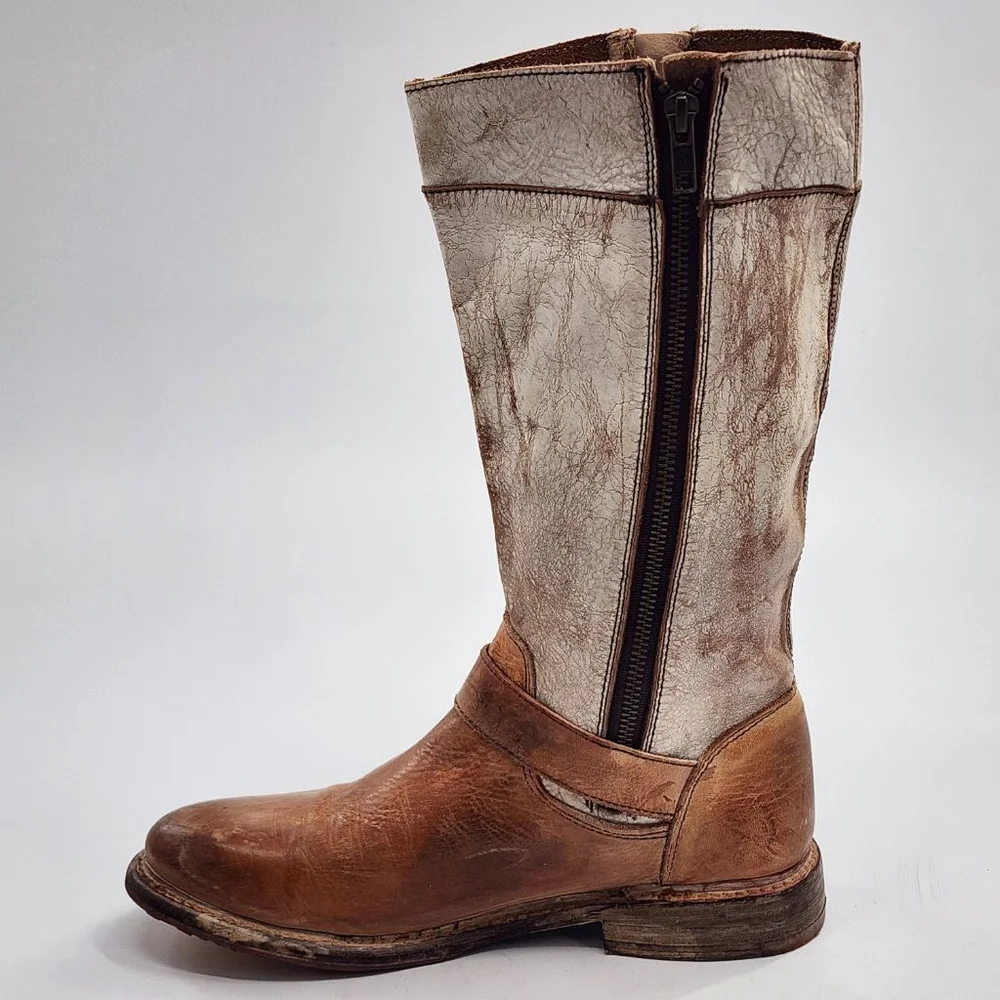BED‎ STU NIB Gogo Distressed Leather Mid-Calf Boots 8.5 Brown White